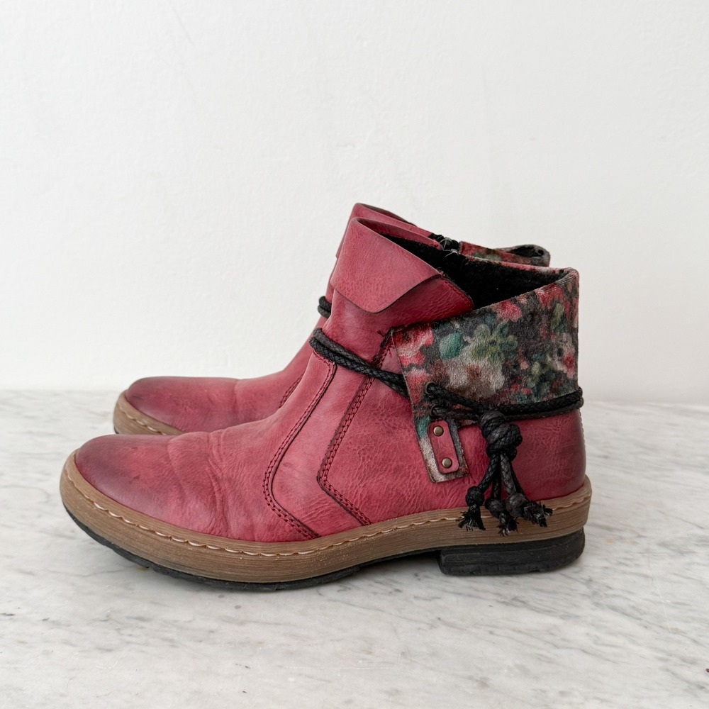 Rieker Ankle Boots Floral Boho 40 Red Burnished Leather Zip Booties‎